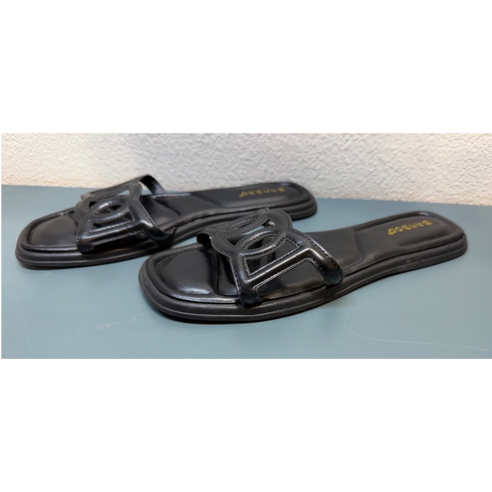 Bamboo Black Slide Sandals Women's Size 7.5 Square Toe‎ Geometric Cutout Strap